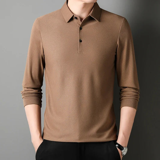 Men's Business Casual Polo Long Sleeve T-shirt Summer Comfortable Solid Cotton Top